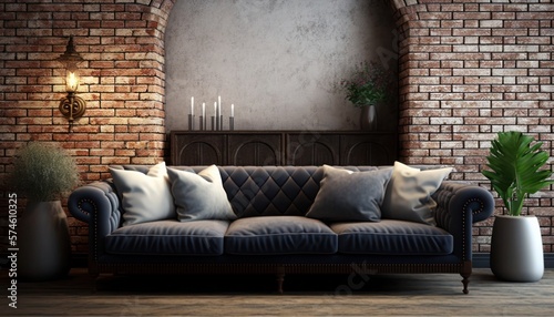 Stylish interior of living room with brick wall, generative ai