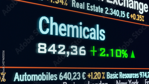 Chemicals sector, stock exchange trading floor. Stock market data, chemical price information and percentage changes on a screen. Stock exchange, business and sector trading concept. 3D illustration