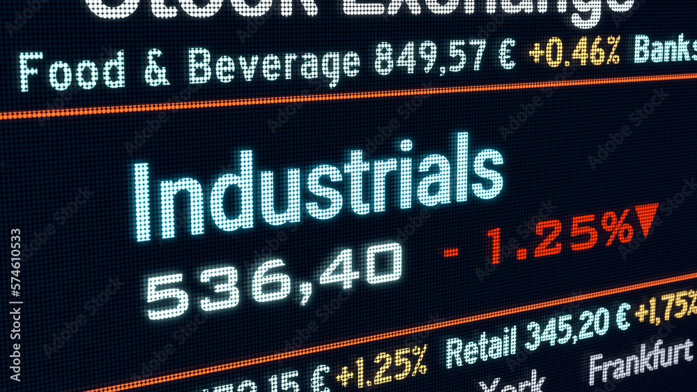 Industrials sector, stock exchange trading floor. Stock market data, industrials price and percentage changes on a screen. Stock exchange, business and sector trading concept. 3D illustration