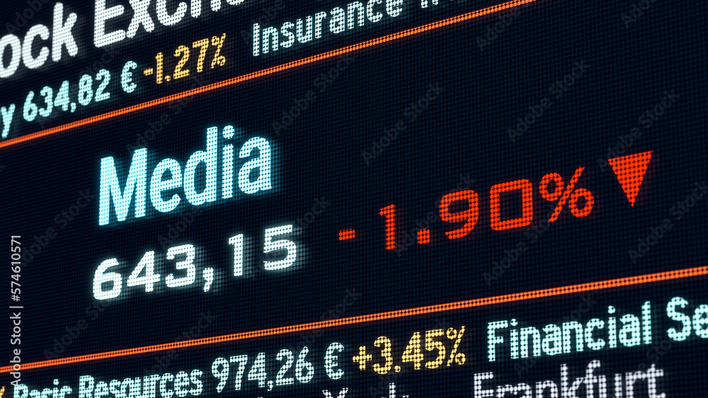 Media sector, stock exchange trading floor. Stock market data, media price information and percentage changes on a screen. Stock exchange, business and sector trading concept. 3D illustration