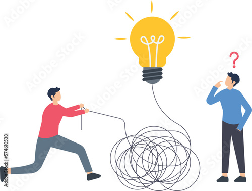 Business team solve complex problem, Team Simplify complex business idea, people solve business problems, solution of complex project, man untangle messy line of business idea lightbulb or simplify pr