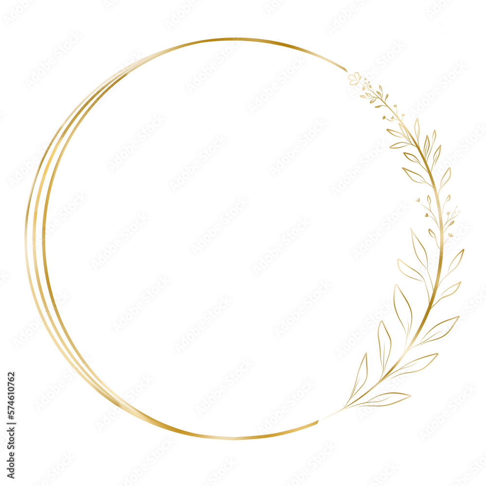 Golden ring isolated on transparent background. Luxury gold circle with leaf ornament.