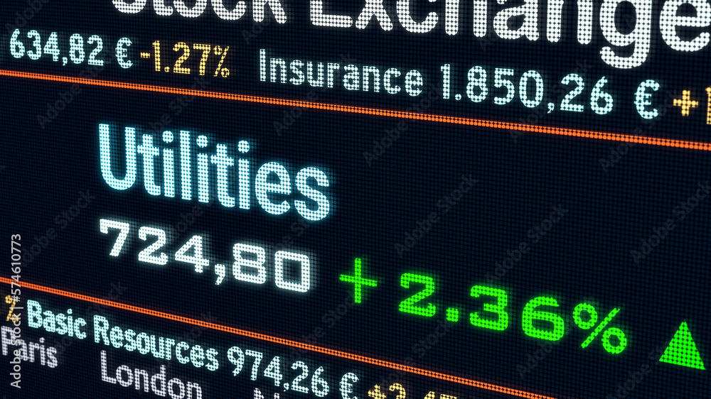 Utility sector, stock exchange trading floor. Stock market data, utilities price information and percentage changes on a screen. Stock exchange, business and sector trading concept. 3D illustration