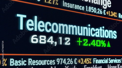 Telecommunications sector, stock exchange trading floor.Stock market data, price and percentage changes on a screen. Stock exchange, telecommunications business and trading concept. 3D illustration