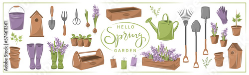 Gardening, growing plants, agricultural tools. Hello spring garden text.  Vector illustration Isolated on white.