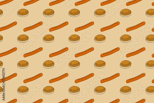 Bun with sesame seeds and sausage are the main elements of hotdog in a seamless pattern. Fast food