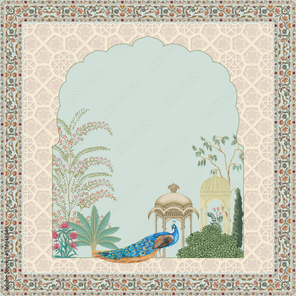 Traditional Islamic Mughal garden arch, palace with peacock ...