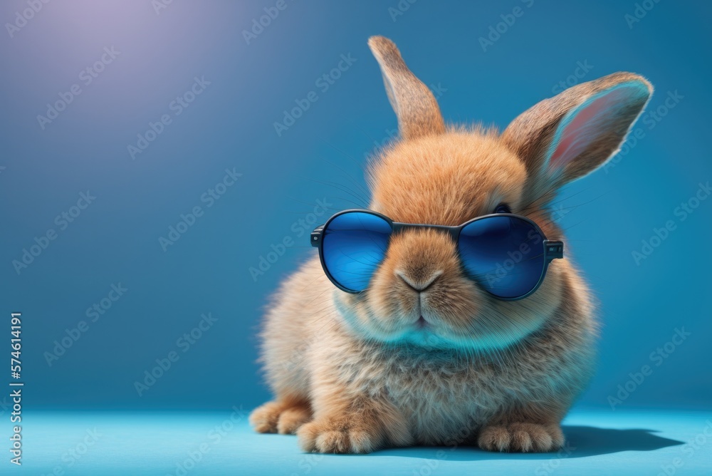 Cute spring bunny on blue background wearing sunglasses. Ai generative.