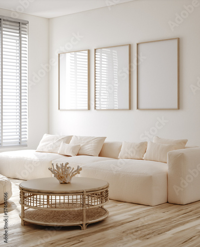 Mockup frame in Coastal interior background, room in light pastel colors, 3d render