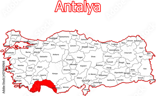 Vektorkarte der Türkei - mit Landkreiskarte des Districts Antalya