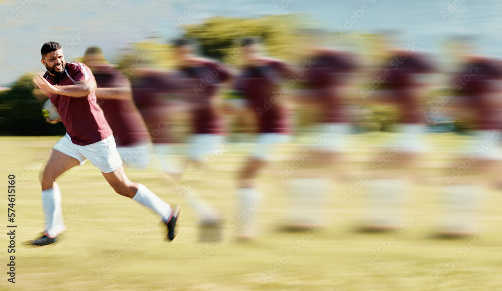 Sports, rugby and running with man on field for training, fitness and speed action in championship. Fast, workout and blur sequence with athlete playing in game for competition, exercise and cardio