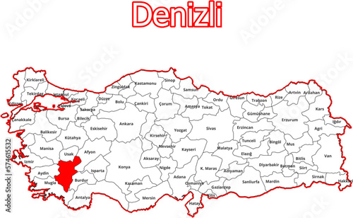 Vektorkarte der Türkei - mit Landkreiskarte des Districts Denizli photo