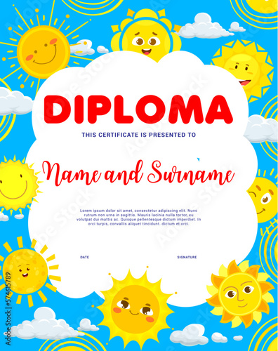 Kids diploma with funny sun cartoon characters
