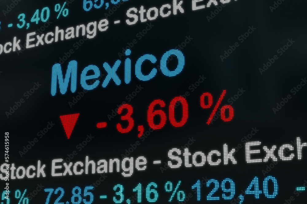Mexico stock market moving down. Mexico negative stock market data on a trading screen. Red percentage sign and ticker information. Stock exchange and business concept. 3D illustration Mexico stock market moving down. Mexico negative stock market data on a trading screen. Red percentage sign and ticker information. Stock exchange and business concept. 3D illustration