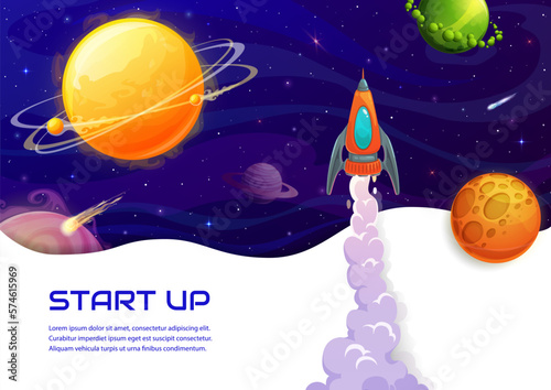 Space landing page with spaceship launch, planets