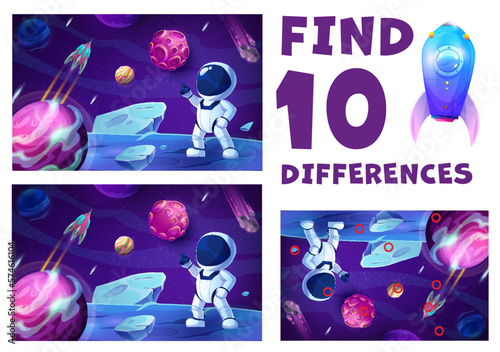 Find ten differences cartoon astronaut on planet