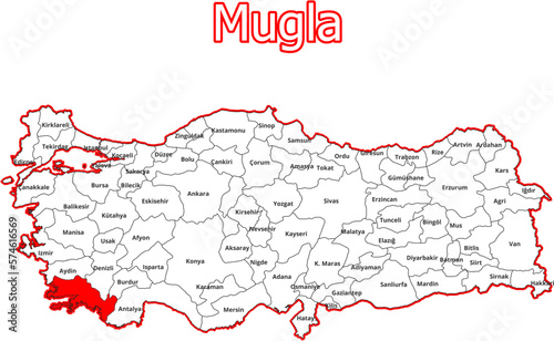 Vektorkarte der Türkei - mit Landkreiskarte des Districts Mugla