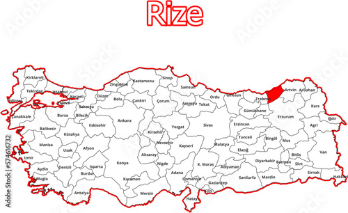 Vektorkarte der T  rkei - mit Landkreiskarte des Districts Rize
