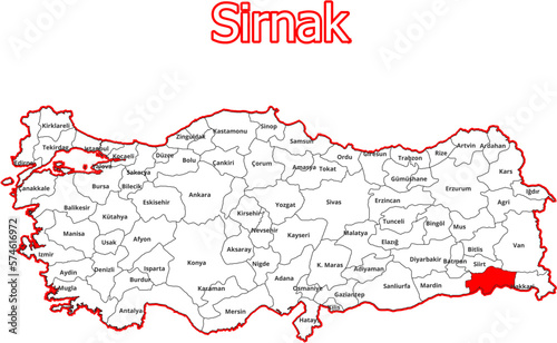 Vektorkarte der Türkei - mit Landkreiskarte des Districts Sirnak