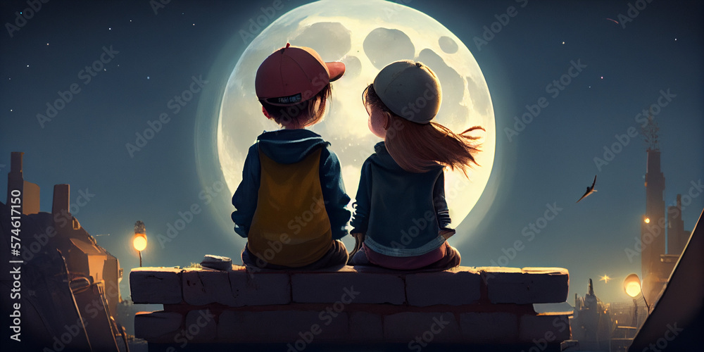 Kids sitting on roof at night, little boy and girl looks at moon in sky ...