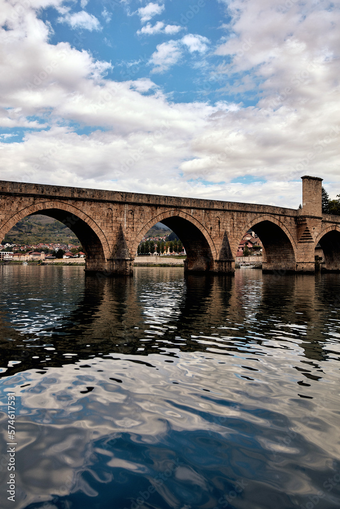 Bridge on river Drina, famous historic Ottoman architecture in Visegrad, Bosnia and Herzegovina.