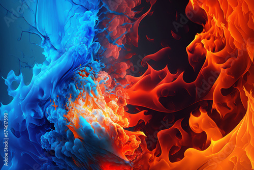 teal and orange colorful background with blue smoke crossing with red fire. generative AI.