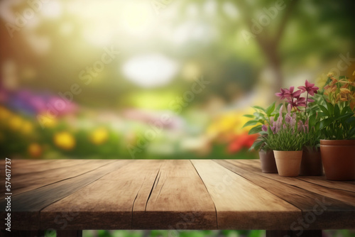 Wooden desk on blurred flower garden interior background 