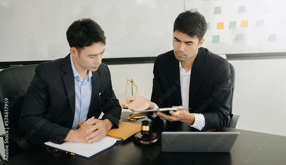 Asian Business and Male lawyer or judge consult having team meeting with client, Law and Legal services concept.Customer service good cooperation ..