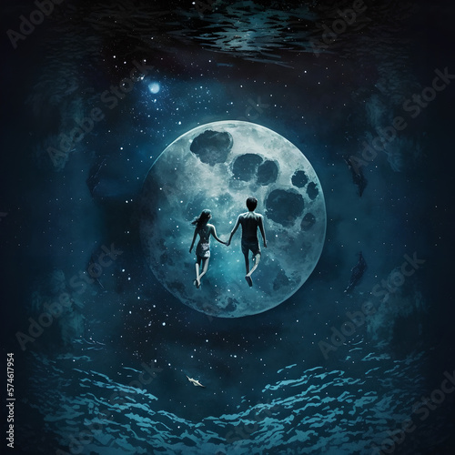 Fantasy dream, two children swimming in spcace near and at the moon, beautiful illustration of innocence of kids, brothers, siblings, flying in the air