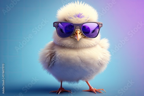 Cute spring baby chick on blue background wearing sunglasses. Ai generative.