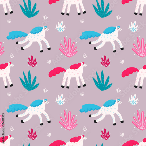 Seamless vector pattern with cute horses. Modern design for fabric and paper, surface textures.