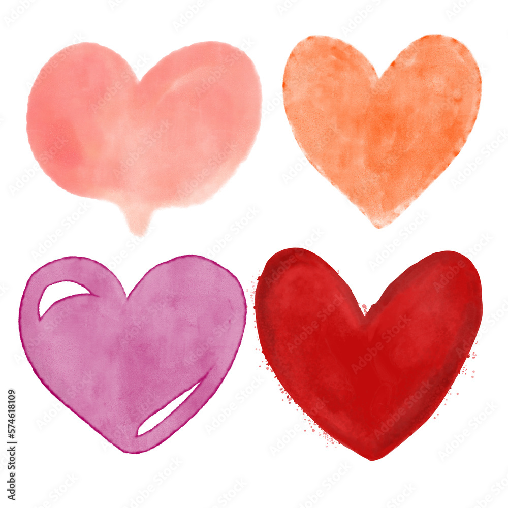 Beautiful hand painted isolated watercolor hearts illustration