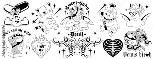 Y2k Tattoo art 90s, 00's silhouettes.Angel, baby demon, heart shaped bones and fire, barbed love art.Vector tats with gothic weird brutal quotes. Black and white colors, fun goth stickers.