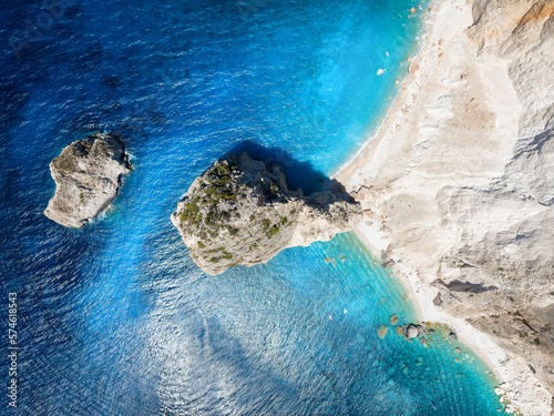 Aerial top down view of the famous Mizithres rocks and beach at Keri, Zakynthos, Greece, with turquoise, shining sea