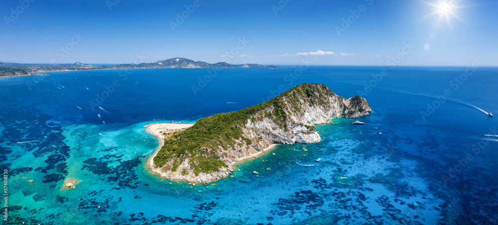 Obraz na płótnie Aerial panorama of the beautiful island of Marathonisi or Turtle island in the bay of Laganas with turquoise sea and sand beaches, Zakynthos, Greece w salonie