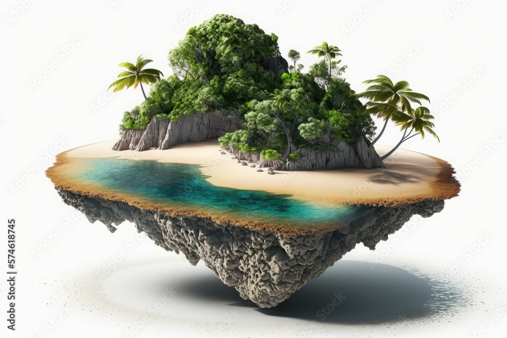 Flying paradise island with jungle and sea. Generative ai. - obrazy, fototapety, plakaty 