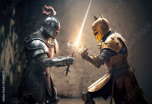 Fotografia Fighting Knights, Medieval Warrior Duel, Dramatic Knight Battle Drawing Imitatio
