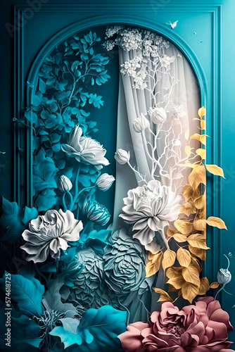Floral gate or door made out of flowers  white  yellow   blue color scheme  abstract nature wallpaper  generative AI 