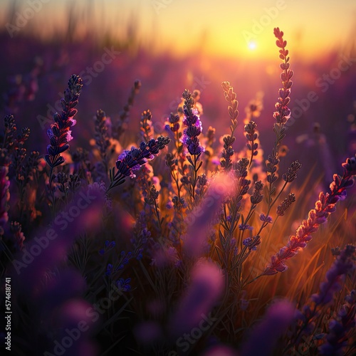 Lavender Field at Sunset  Purple Flowers  Morning Lavender Fields  Abstract Generative AI Illustration