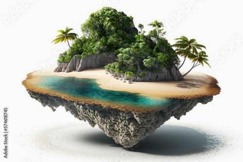 Flying paradise island with jungle and sea. Generative ai.