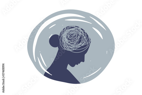 Mental disorder concept. Depression woman. Stress, despair, anxiety disorder, fatigue. Psychotherapy concept. Vector illustration.