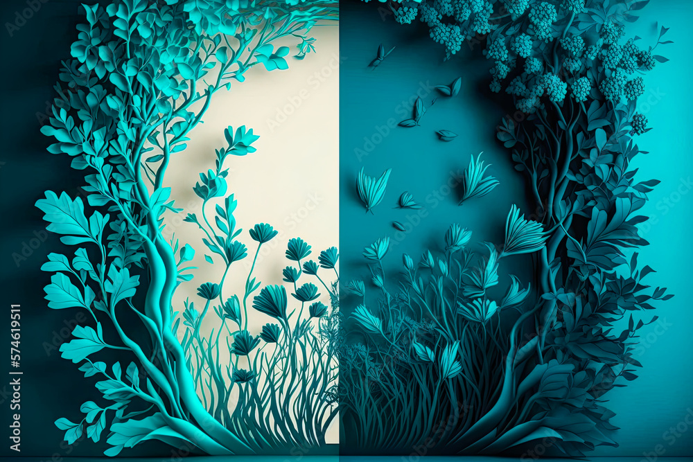 Duptone Split color floral backdrop with a frame in the center, teal ...