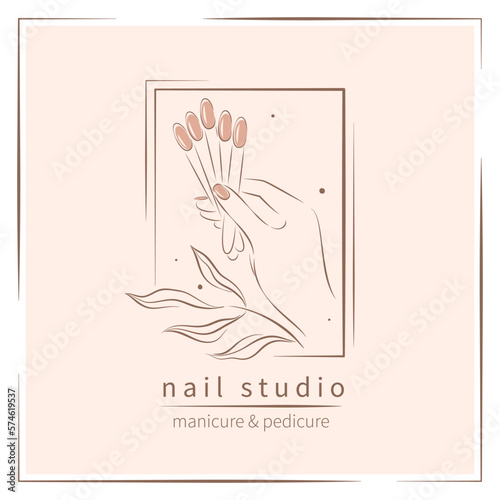 Nail studio logo. Beautiful female hands with color samples nail polish. Minimalistic vector illustration for beauty salon