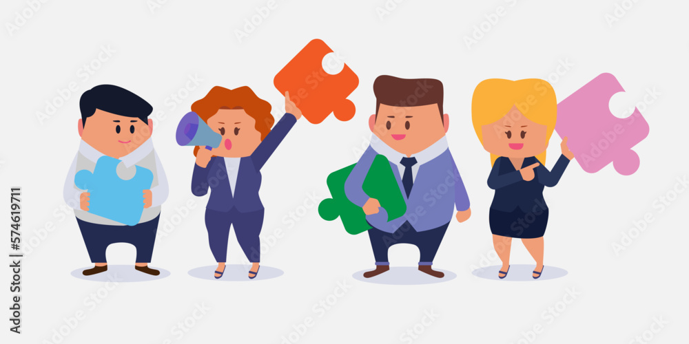 Group of Businessperson team with jigsaw and megaphone Group of Businessperson team with jigsaw and megaphone