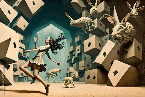 Surrealist dream, dali style, of a woman running away from boxes of weird rabbits in an impossible environment, nightmare style photo