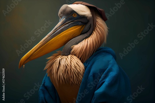 Pelican wearing human clothing. Solid color background, studio style. Portrait photo. Generative AI. photo
