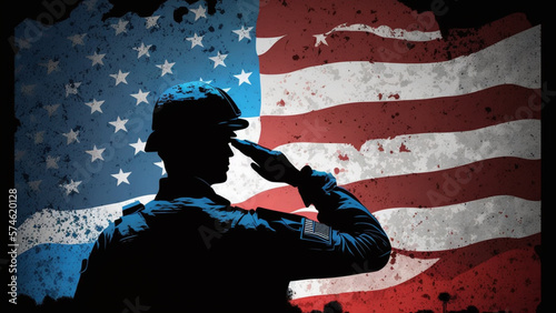 US army soldier saluting on a background USA flag. Greeting card for Veterans Day, Memorial Day, and Independence Day. created with Generative AI technology.