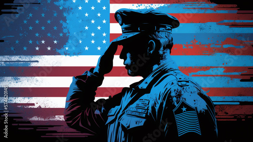 US army soldier saluting on a background USA flag. Greeting card for Veterans Day, Memorial Day, and Independence Day. created with Generative AI technology.