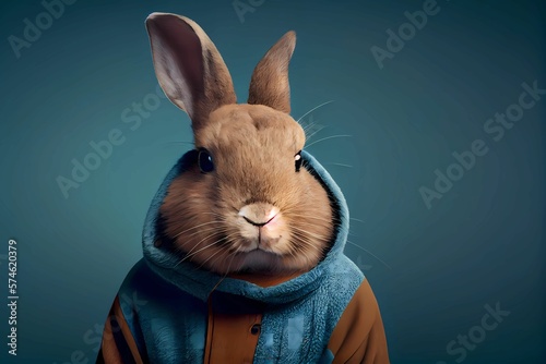 Rabbit wearing human clothing. Solid color background, studio style. Portrait photo. Generative AI.
 photo