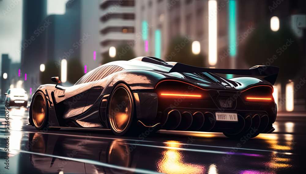 Generative AI illustration of a Luxury Sport Car Racing Through City Streets at night, futuristic car drive fast Generative AI illustration of a Luxury Sport Car Racing Through City Streets at night, futuristic car drive fast